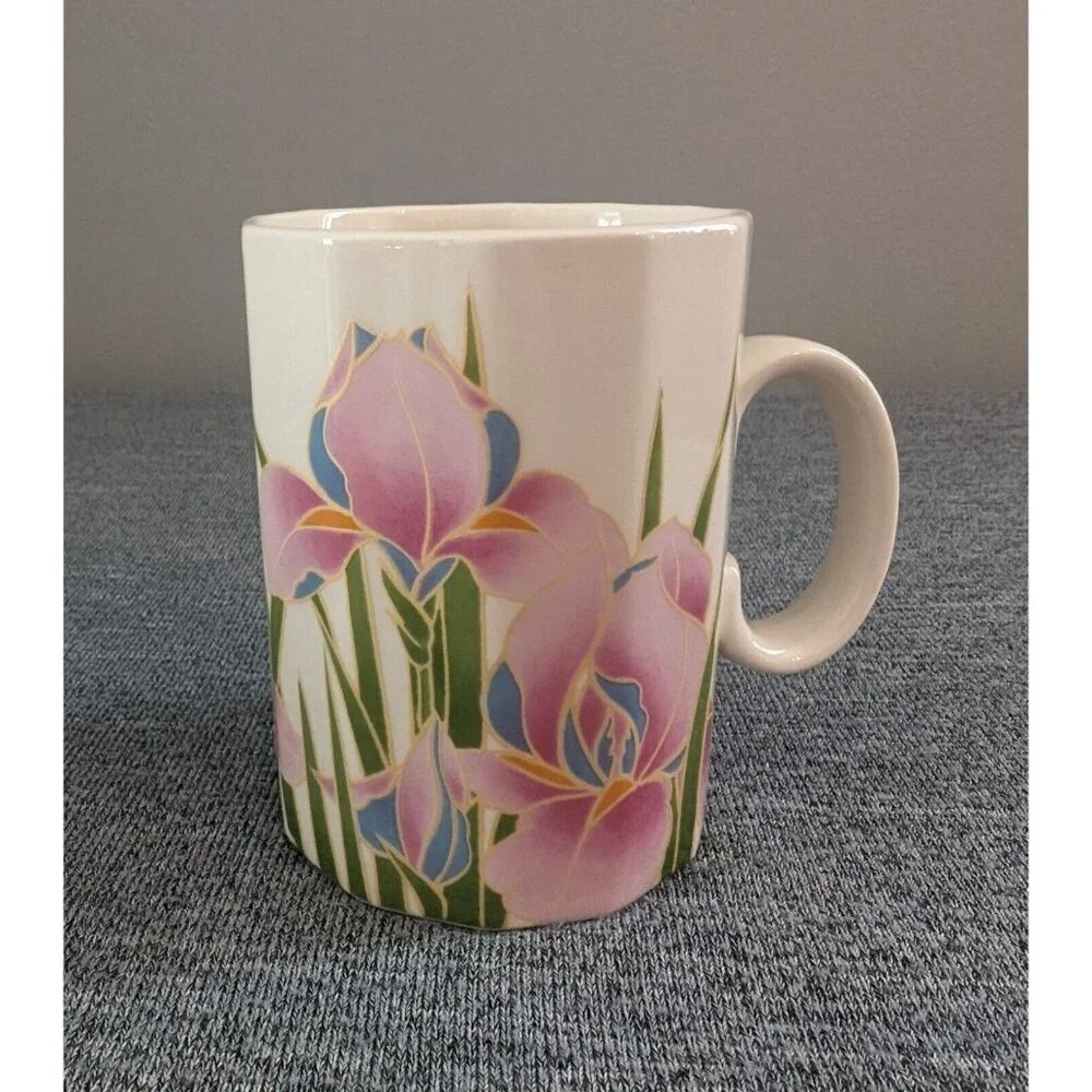 Otagiri Pink Iris Flower Mug, Cloisonne Style - Picture 1 of 3